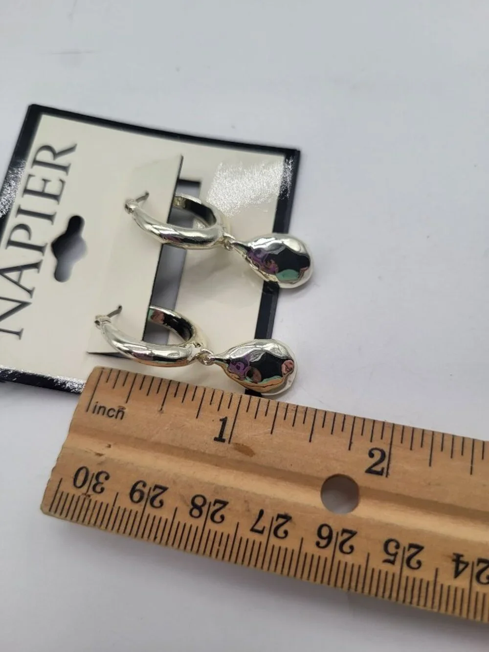 Napier Hammered Look Silver Tone Hoop Dangle Drop Earrings - Picture 4 of 4